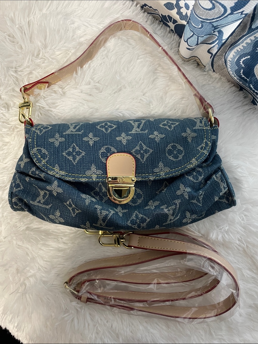 👜 NEW Denim Monogram Shoulder Bag in Blue with Natural Leather Trim